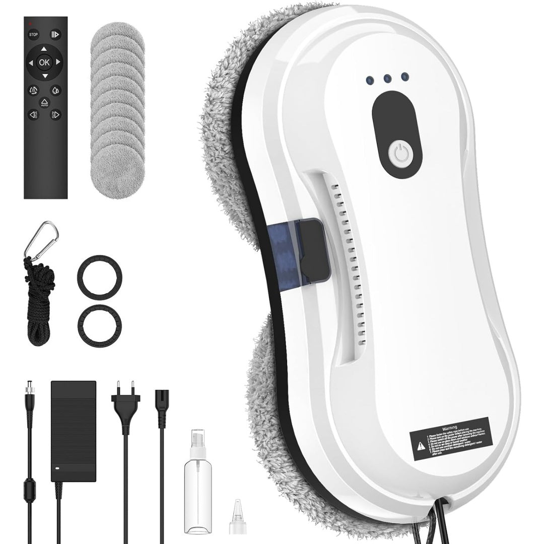 Robot lave vitres, coloris blanc et gris, avec une surface en microfibre