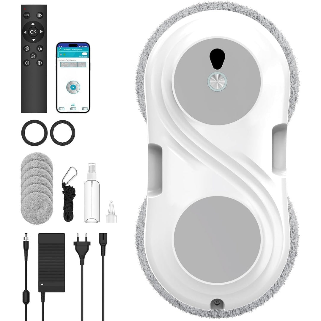 Robot nettoyeur de fenetres associant le nettoyage des surfaces vitrees au coloris gris et blanc