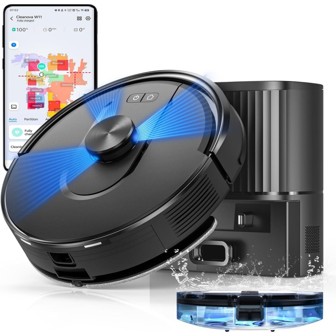 Aspirateur robotise avec collecteur, coloris gris et noir, avec un reglage par application