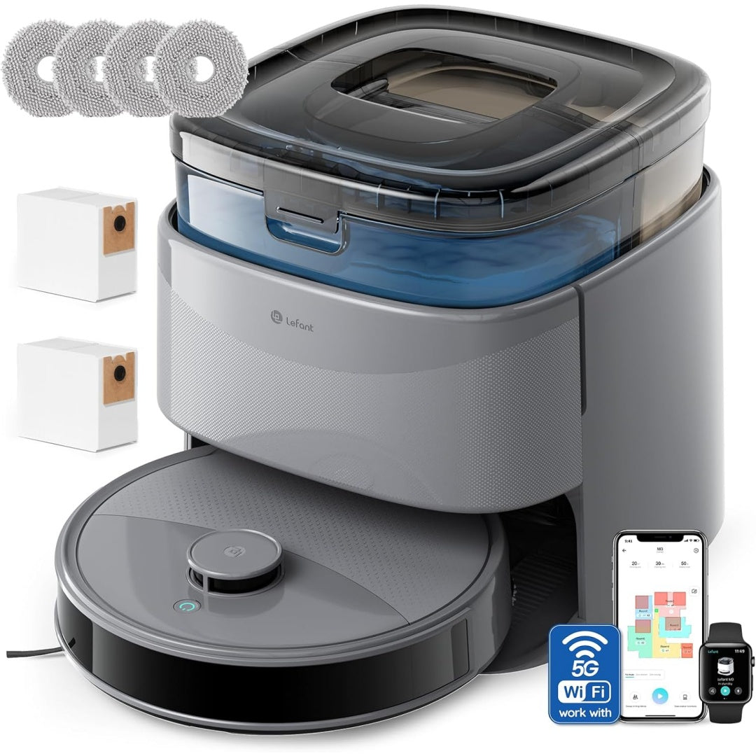 Robot avec station de lavage, coloris gris et noir, avec l'entretien des tapis